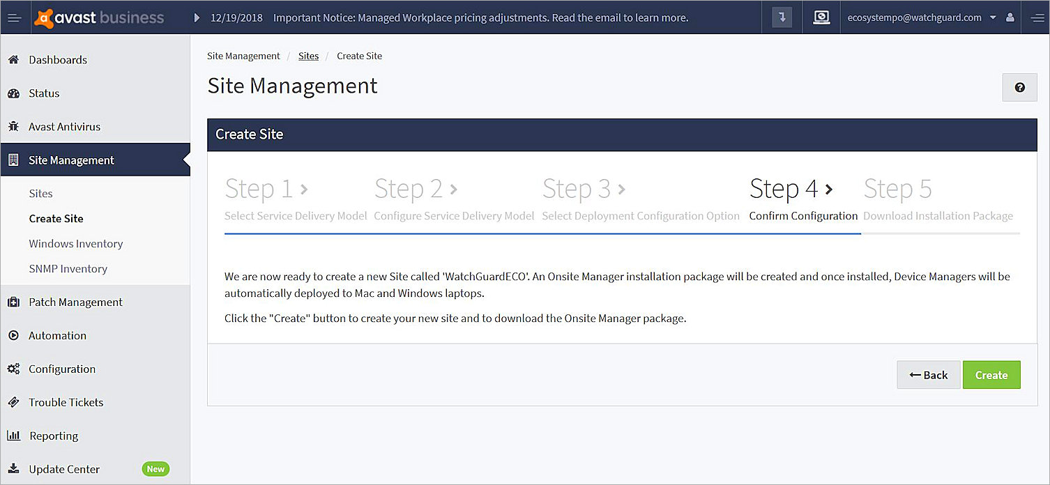 Screenshot of AVG Business Site Management, Typical Deployment, step 4 dialog box